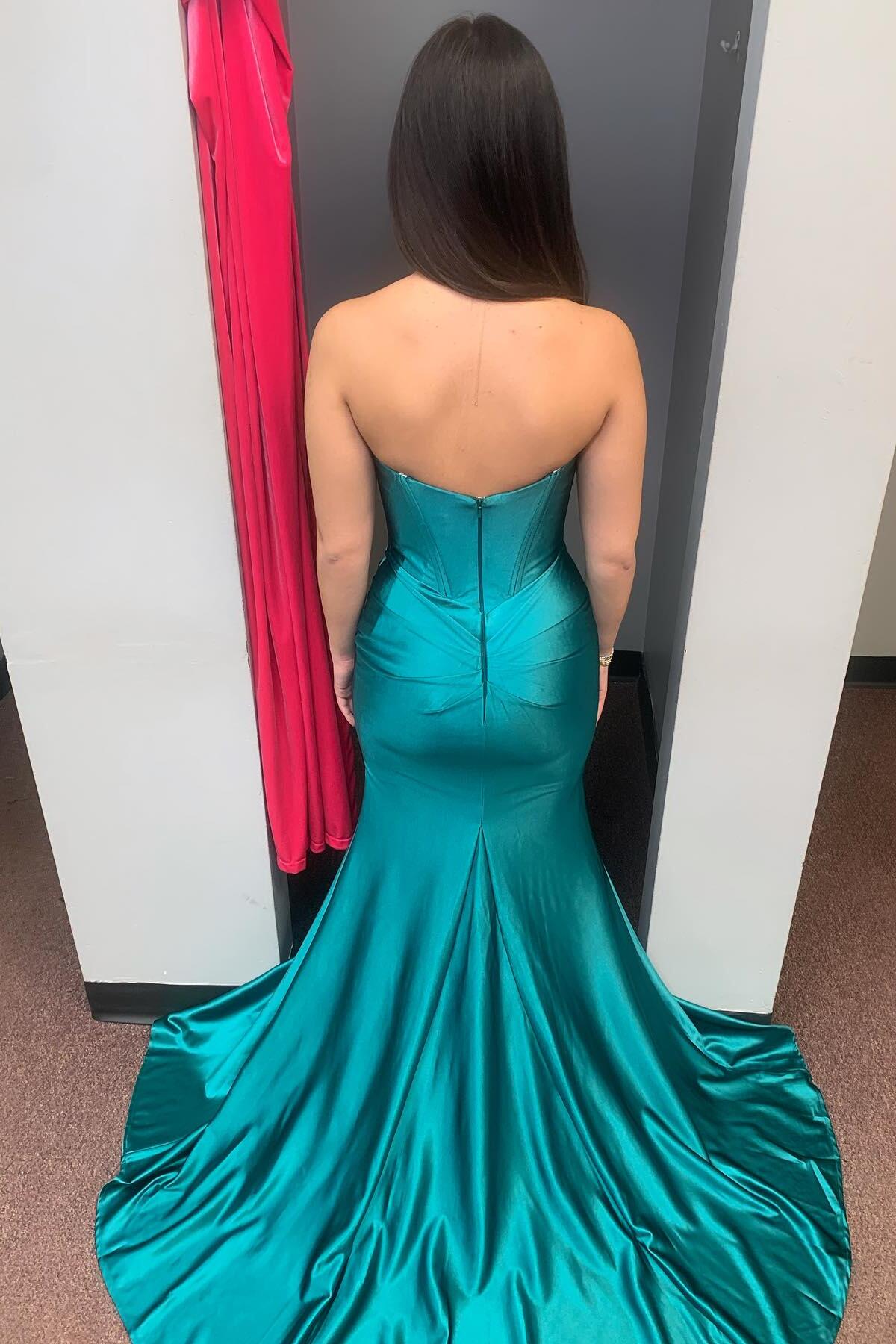 Elegante vestido de fiesta de satén verde para invitados formales, sin tirantes, vestido de fiesta de sirena