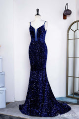Elegante vestido formal largo de sirena Vestido de fiesta de lentejuelas azul real
