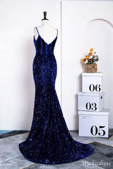 Elegante vestido formal largo de sirena Vestido de fiesta de lentejuelas azul real