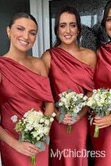 Elegant One Shoulder Red Bridesmaid Dress Crepe Fitted