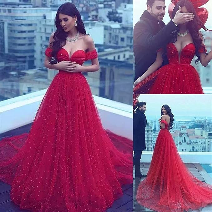 Elegante vestido de novia rojo con hombros descubiertos, vestido de noche de corte A con perlas para playa