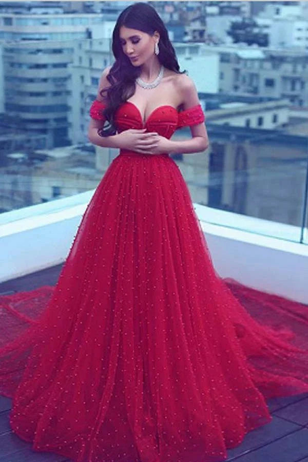 Elegante vestido de novia rojo con hombros descubiertos, vestido de noche de corte A con perlas para playa