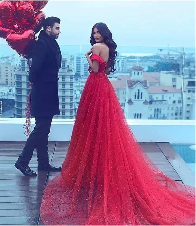 Elegante vestido de novia rojo con hombros descubiertos, vestido de noche de corte A con perlas para playa