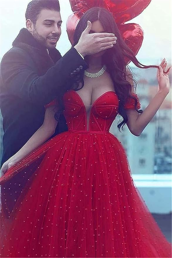 Elegante vestido de novia rojo con hombros descubiertos, vestido de noche de corte A con perlas para playa