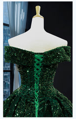 Vestidos de quinceañera de color verde esmeralda, vestido de baile con lentejuelas y hombros descubiertos, vestido de novia