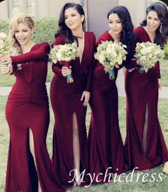 Fall Wedding Guest Dress Emerald Green Bridesmaid Dresses Long Sleeves V Neck - MyChicDress