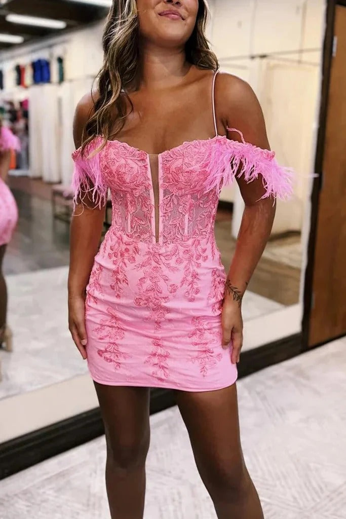 Fitted Pink Lace Homecoming Dress with Detachable Feather Off-the-Shoulder