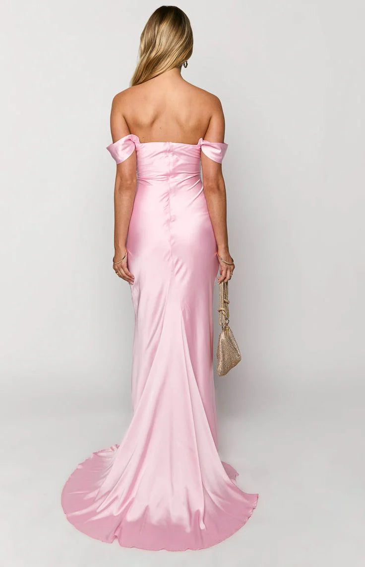 Floor-length Pink Evening Dress UK Satin Mermaid Off The Shoulder