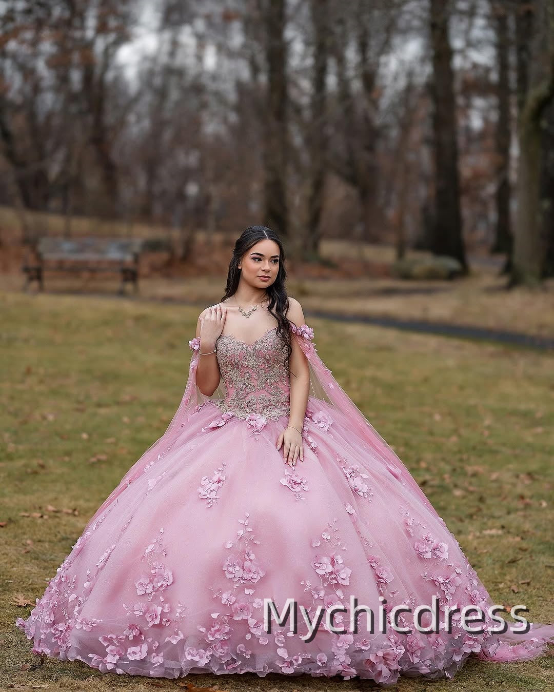 Gold pink 15 Quinceanera Dress 3D flowers Mychicdress