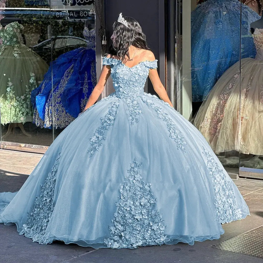 Light blue Floral Lace Sweet 16 Birthday Party Quince Dresses
