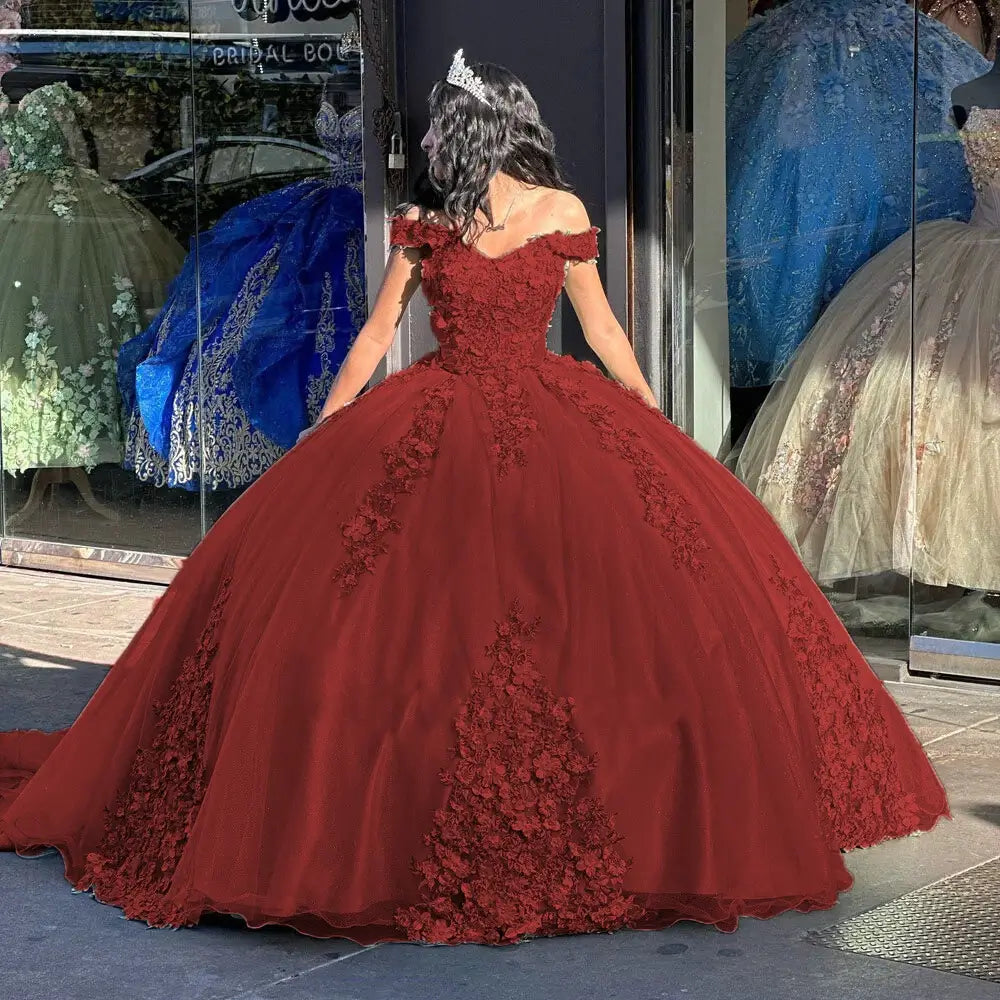 red ball gown Floral Lace Sweet 16 Birthday Party Quince Dresses