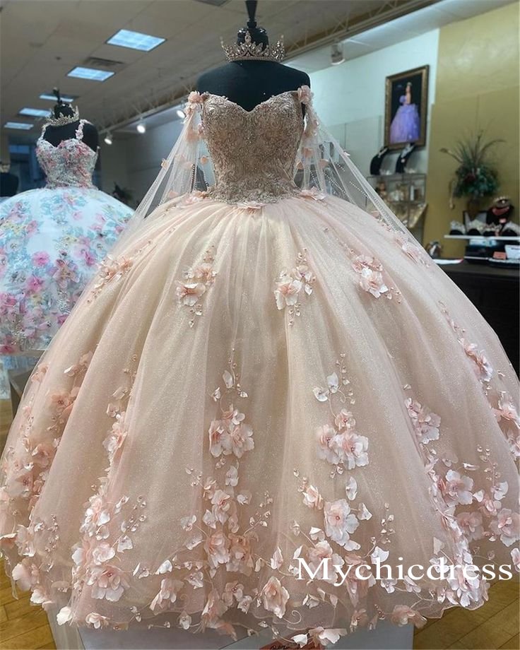 Floral Ball Gown Sweet 16 Dress Pearls Pink Quince Dresses With Wraps - MyChicDress