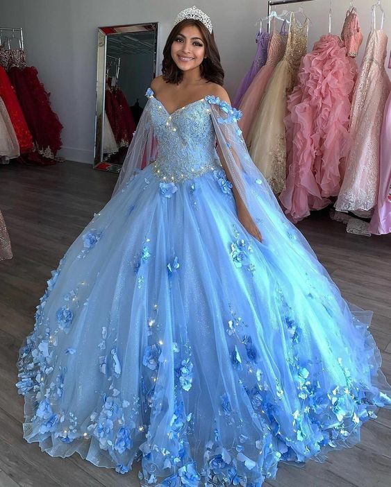 Flower Lace Sweet 16 Dress Ball Gown Vestido De 15 Anos Dress With Cape - MyChicDress