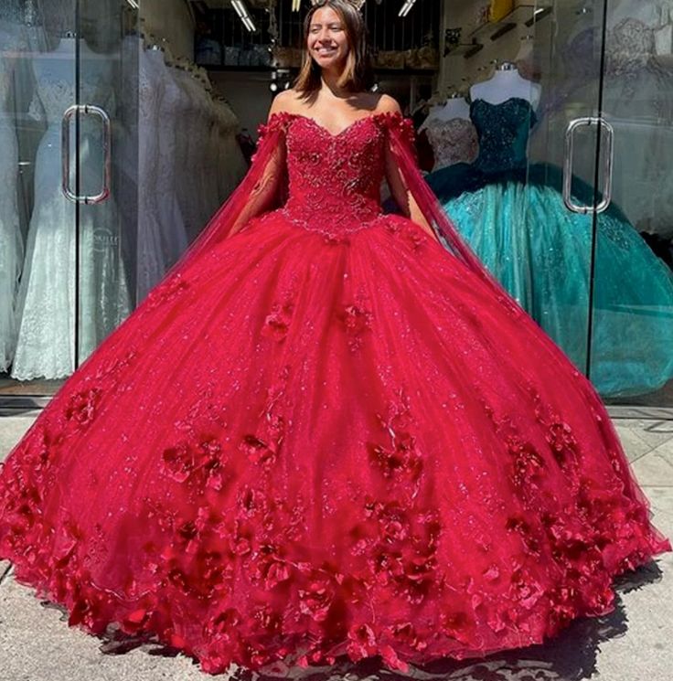 Flower Lace Sweet 16 Dress Ball Gown Vestido De 15 Anos Dress With Cape - MyChicDress