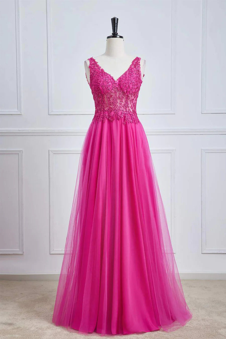 Fuchsia A-line Long Prom Dress Magenta Plunging V Neck Floral - MyChicDress