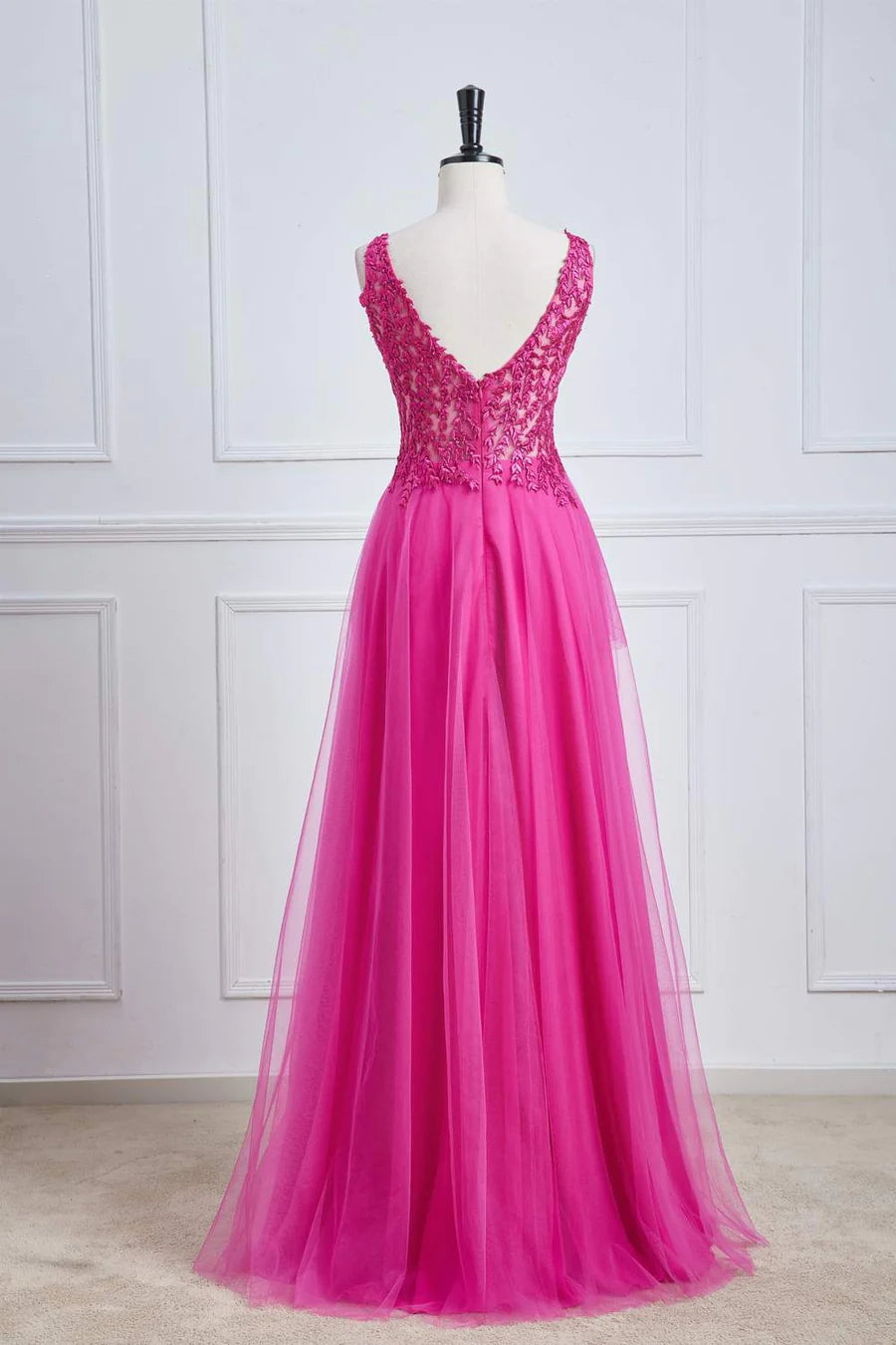 Fuchsia A-line Long Prom Dress Magenta Plunging V Neck Floral - MyChicDress