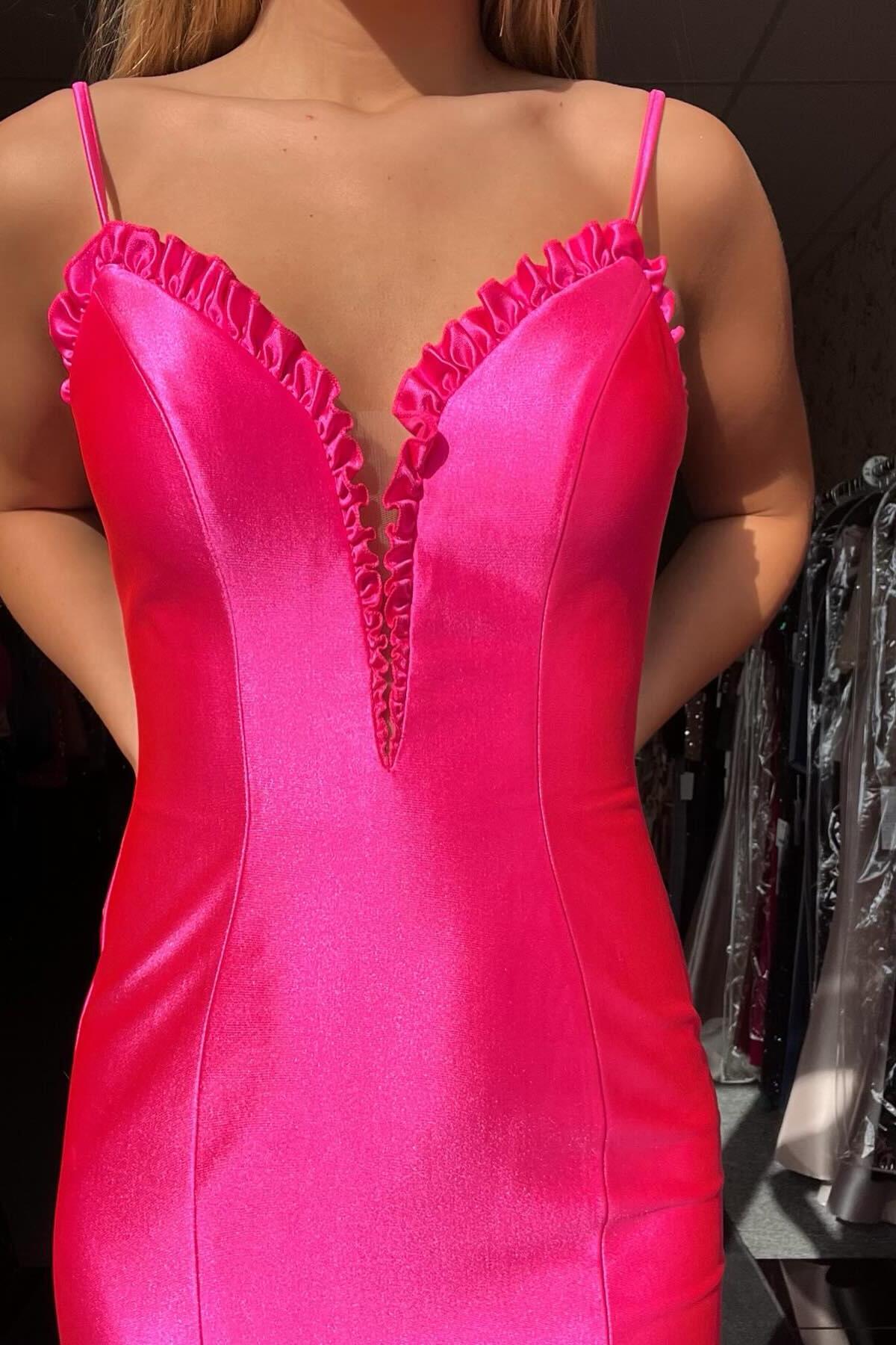 Vestido de fiesta fucsia barato 2025 de satén con corte sirena, largo y formal