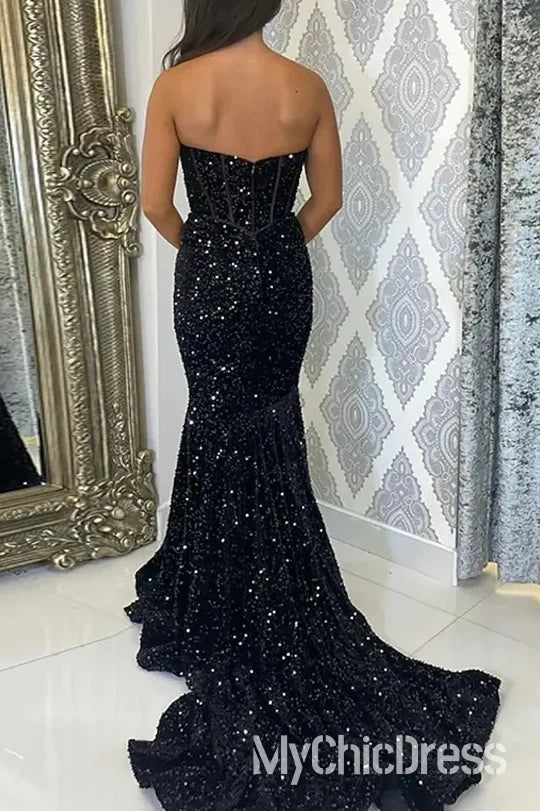 Vestido de fiesta con lentejuelas y purpurina, escote corazón, sin tirantes, formal