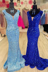 Glitter V-Neck Sequins Formal Dress Cap Sleeves Long Mermaid Prom Dress MyChicDress