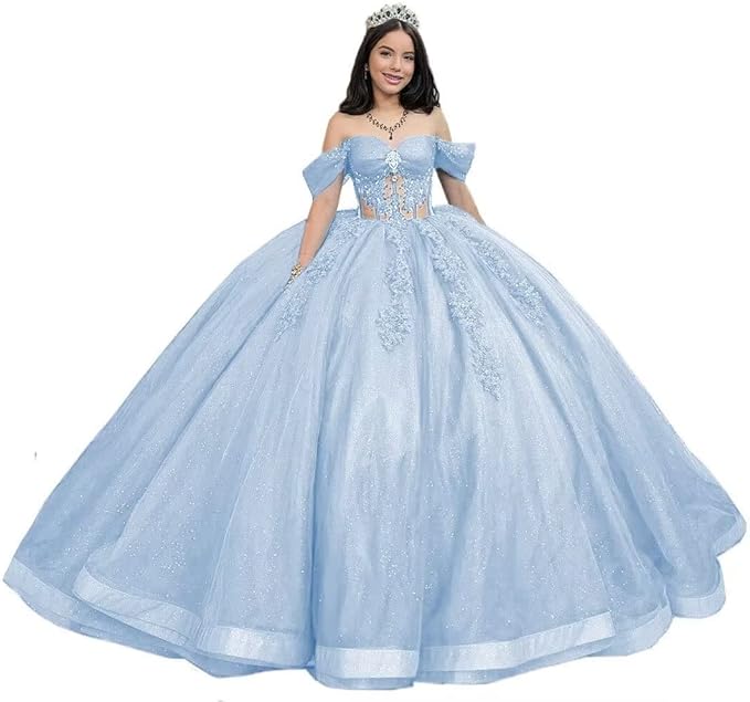 Glitter Light blue Vestidos De 15 Anos Tulle Illusion Quinceanera Dresses - MyChicDress