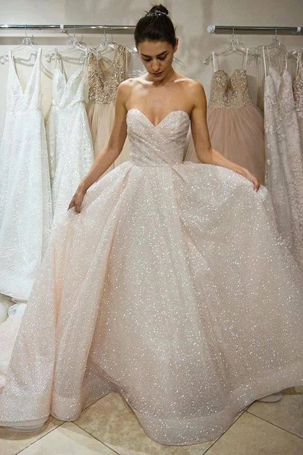 Glitter Wedding Dress Strapless A Line Beach Bridal Gown - MyChicDress