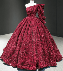 Glitter Sequin Wedding Dresses One Shoulder burgundy Quinceanera Dress