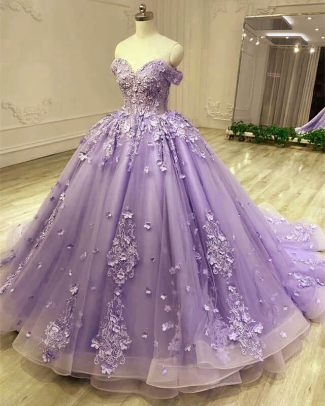 Gorgeous Tulle Purple Quinceanera Dress 3D Lace Appliques Ball Gown Dress MyChicDress