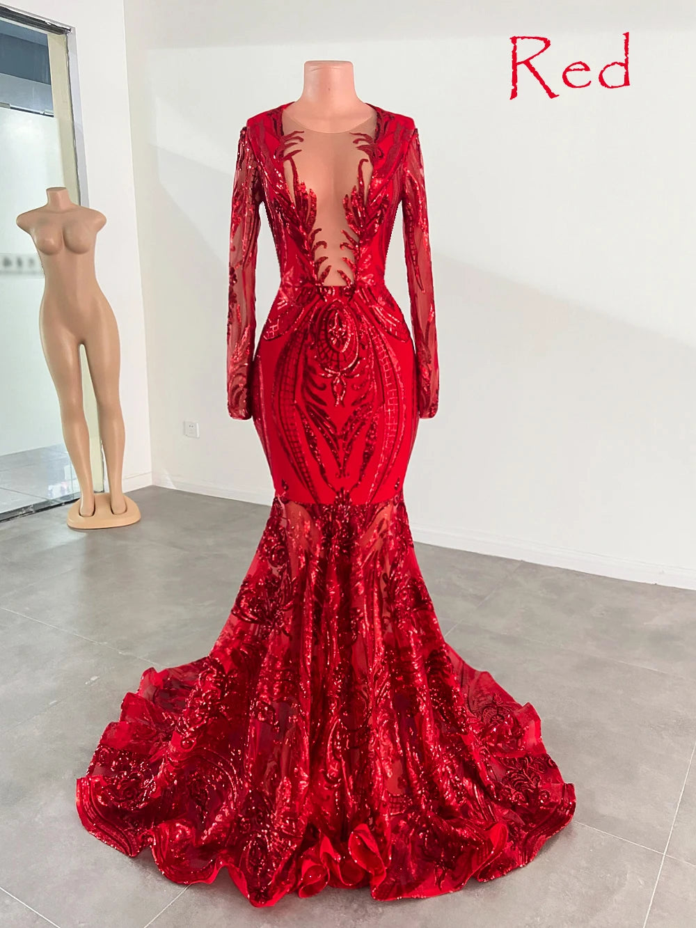 Hermosos vestidos de fiesta de sirena en azul real con mangas largas y lentejuelas, vestidos formales de gala