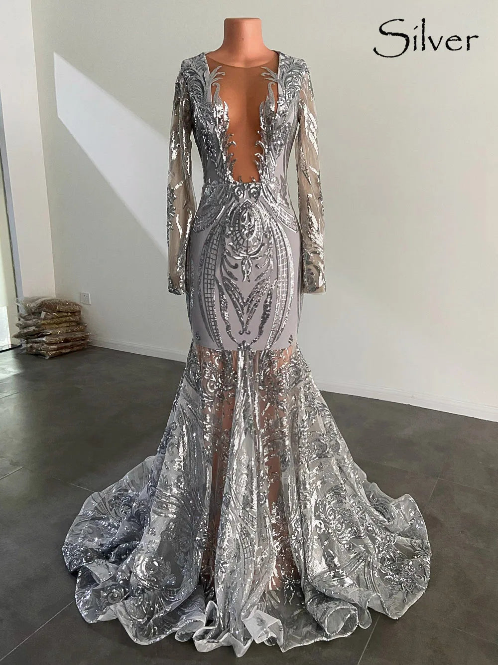 Hermosos vestidos de fiesta de sirena en azul real con mangas largas y lentejuelas, vestidos formales de gala