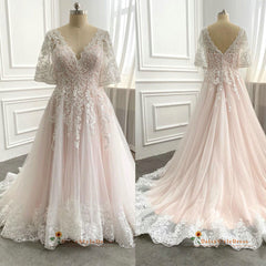 Half Sleeves Pink Plus Size Lace Wedding Dresses V Neck - MyChicDress