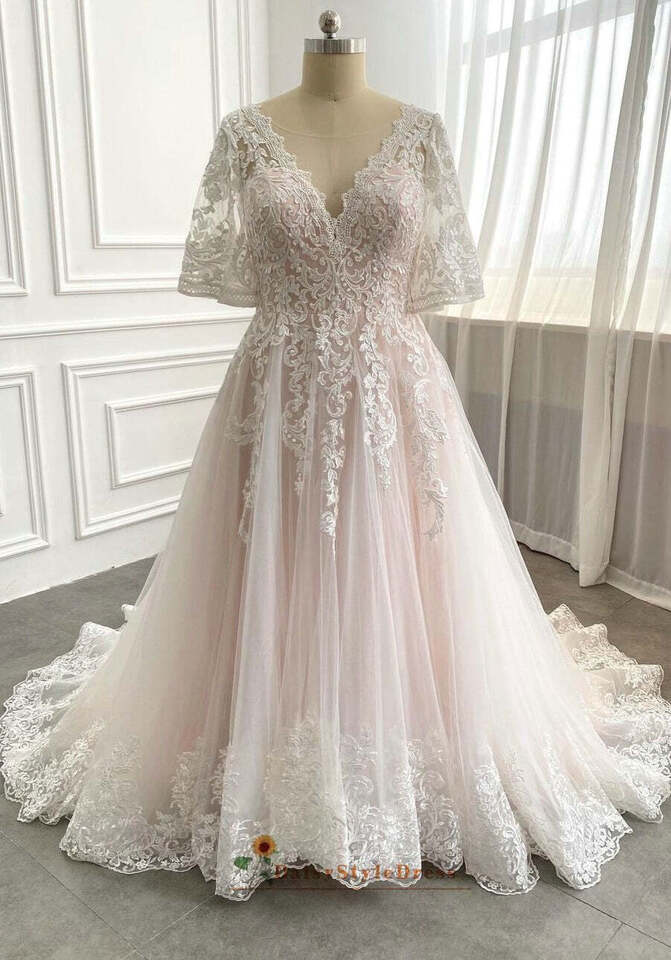 Half Sleeves Pink Plus Size Lace Wedding Dresses V Neck - MyChicDress