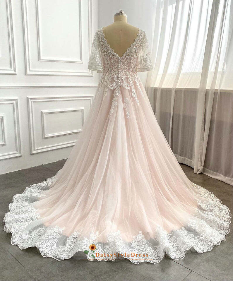 Half Sleeves Pink Plus Size Lace Wedding Dresses V Neck - MyChicDress