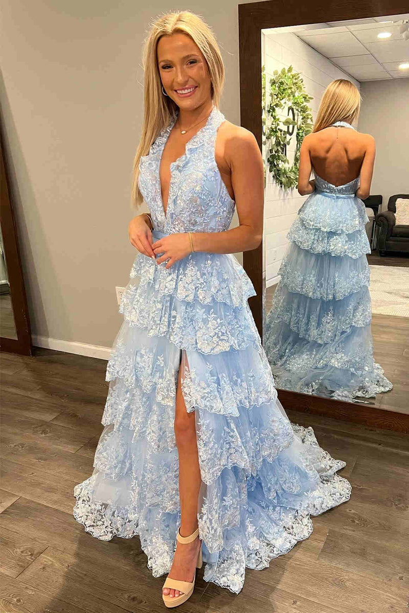 Halter Light Blue Long Prom Dresses Tiered Ruffle Appliques Formal Dress - MyChicDress