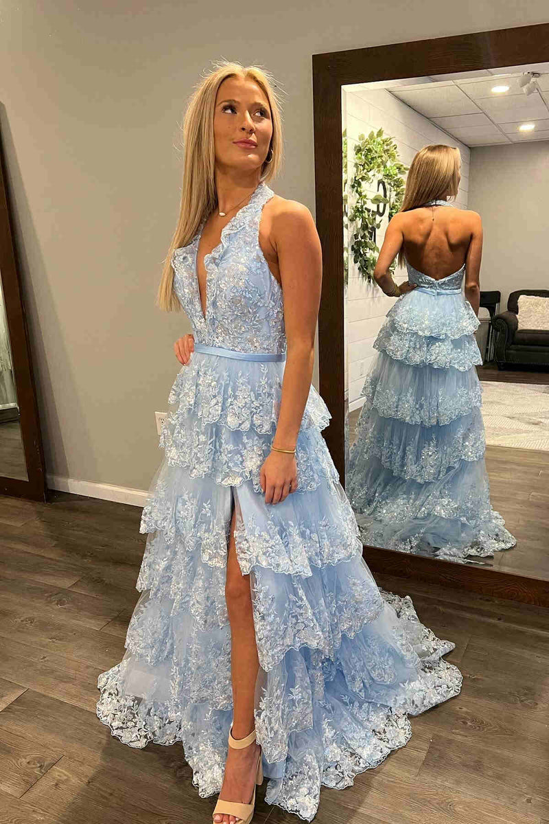 Halter Light Blue Long Prom Dresses Tiered Ruffle Appliques Formal Dress - MyChicDress