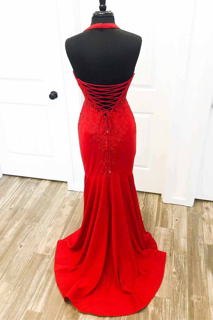 Halter Red Mermaid Long Prom Dresses Lace Appliques - MyChicDress