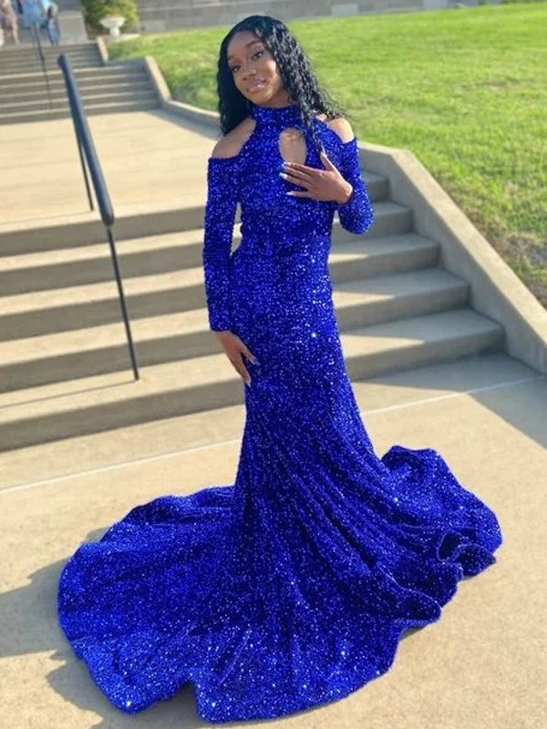 Halter Royal Blue Long Prom Dresses Sequin Mermaid Evening Gown