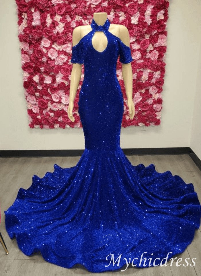 2025 Halter Royal Blue Long Prom Dresses Sequin Mermaid Evening Gown - MyChicDress
