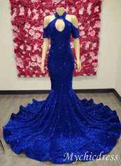2024 Halter Royal Blue vestidos largos de fiesta vestido de noche de sirena con lentejuelas