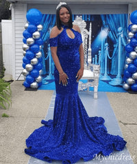 2024 Halter Royal Blue vestidos largos de fiesta vestido de noche de sirena con lentejuelas