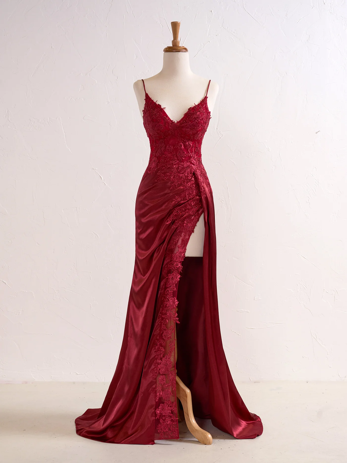 Hot red Long Prom Dress Lace V Neck Formal Dresses A Line High split MyChicDress