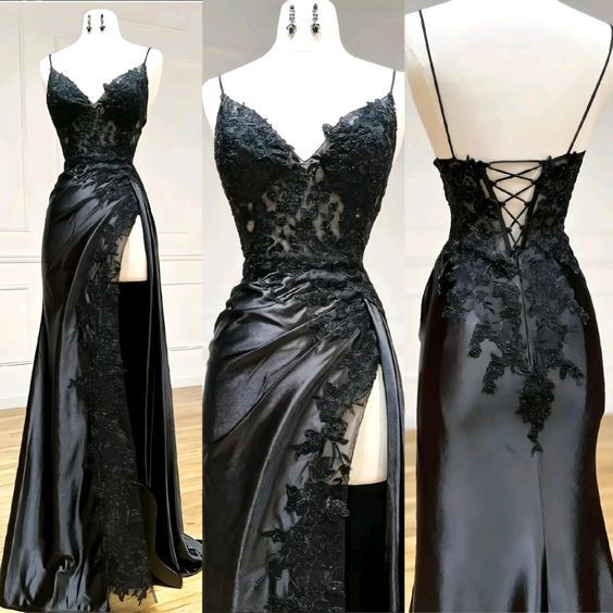 Hot Black Long Prom Dress Lace V Neck Formal Dresses A Line High split MyChicDress