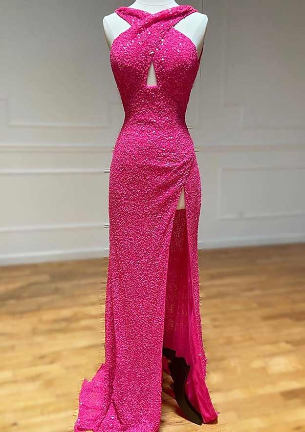 Hot pink Sequin Prom Dress Fitted Sleeveless Formal Dress with Slit MyChicDress