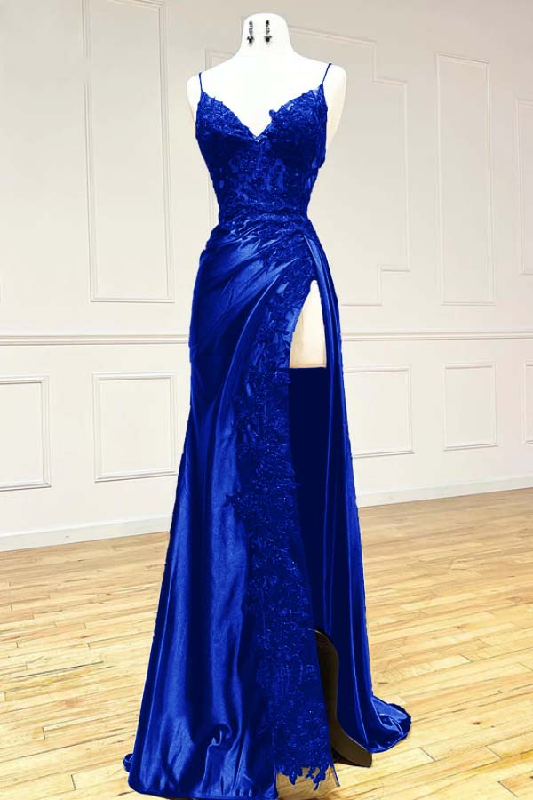 Hot royal blue Long Prom Dress Lace V Neck Formal Dresses A Line High split - MyChicDress