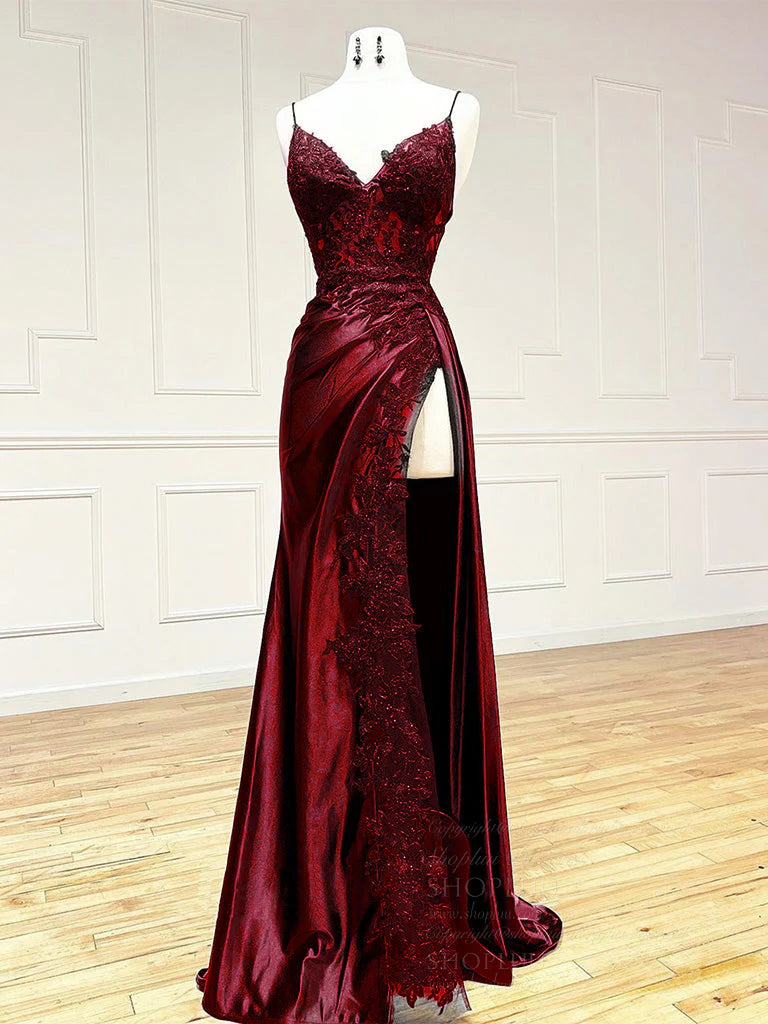 Hot burgundy Prom Dress Lace V Neck Formal Dresses A Line High split - MyChicDress