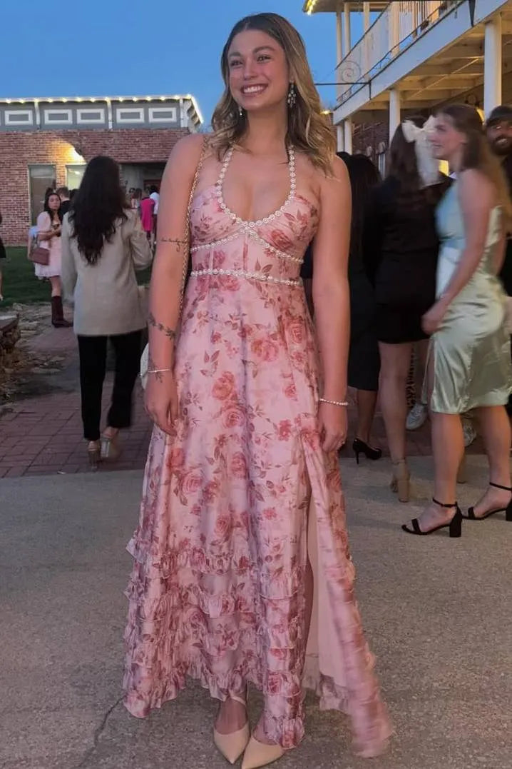 Hot Pink Floral Halter Long Prom Dress with Ruffles Beads