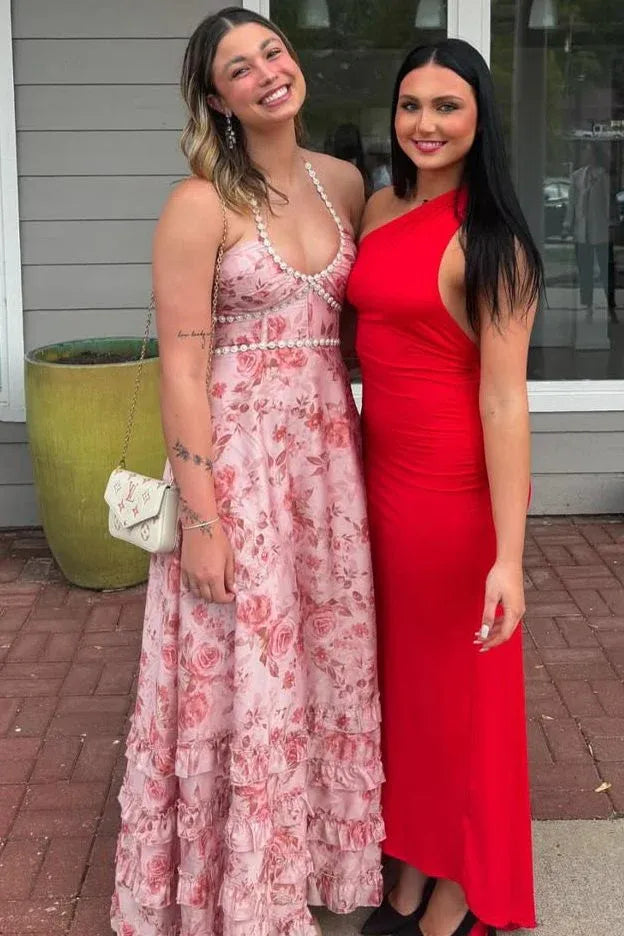 Hot Pink Floral Halter Long Prom Dress with Ruffles Beads