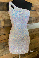 Hot Glitter 2024 Sequin Homecoming Dresses Tight One Shoulder Short Cocktail Dress - MyChicDress