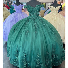 2024 Vestidos De quinceañera verde esmeralda apliques De flores 3D Vestidos De 15 años
