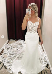 Hot Lace Mermaid Beach Wedding Dresses Long Train Straps