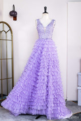 2025 Hot Lavender Lace Prom Dresses Layered V Neck Slit - MyChicDress